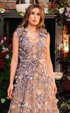 MNM Couture K4106 A-line gown with cap sleeves, floral embroidery, and a plunging V-neckline. | Couture Shop LA