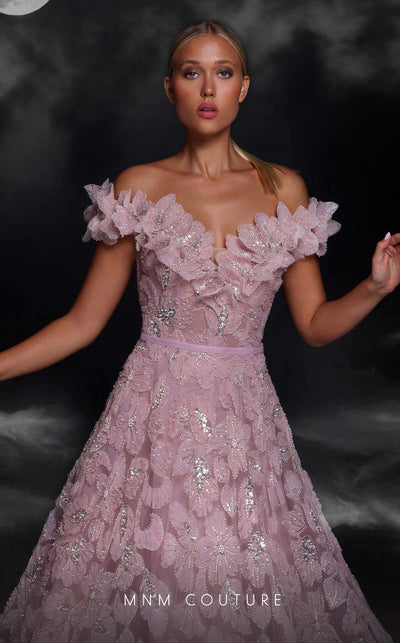 MNM Couture K4108 pink mesh A-line gown with floral embroidery and sequins | Couture Shop LA