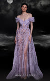 MNM Couture K4120 off-shoulder gown with ruffled sleeves, lace appliques, and a sweeping train. | Couture Shop LA