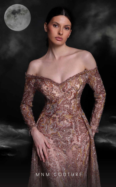MNM Couture K4121 off-shoulder mesh dress fully embroidered with sequins. | Couture Shop LA