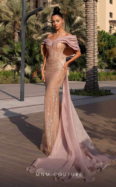 MNM Couture K4138 mesh organza fitted dress with ruffle cap sleeves and sequins. | Couture Shop LA