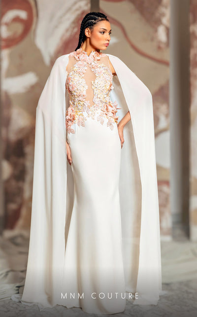 MNM Couture K4145 rayon crepe mesh column dress featuring a halter neckline and elegant train capes. | Couture Shop LA