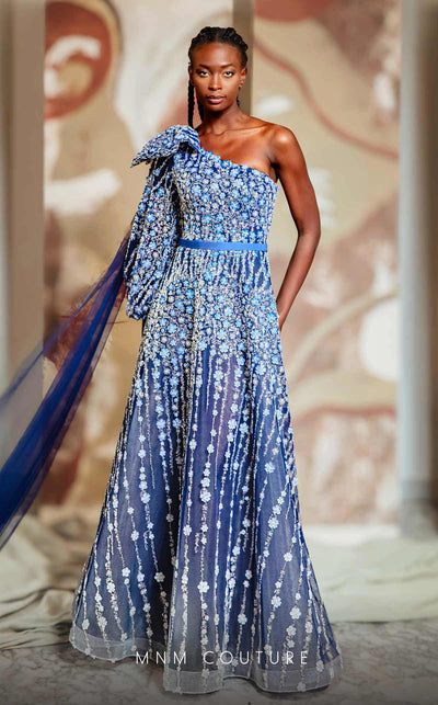 MNM Couture K4147 A-line gown with bishop sleeves, floral embroidery, and a graceful floor-length hem. | Couture Shop LA