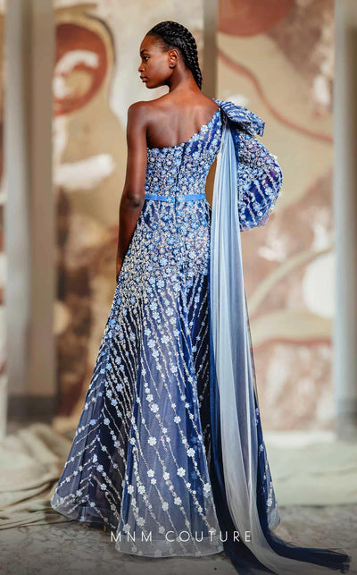 MNM Couture K4147 A-line gown with bishop sleeves, floral embroidery, and a graceful floor-length hem. | Couture Shop LA