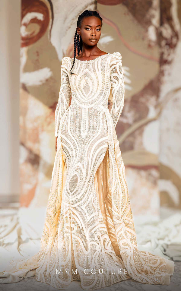 MNM Couture K4148 mesh A-line dress showcasing a bateau neckline and elegant long sleeves. | Couture Shop LA