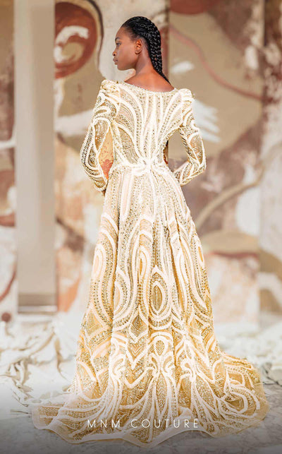 MNM Couture K4148 mesh A-line dress showcasing a bateau neckline and elegant long sleeves. | Couture Shop LA