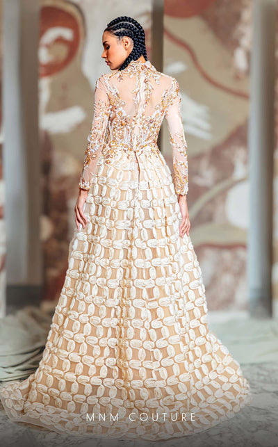 MNM Couture K4149 beige fitted gown with flared skirt and intricate bead embroidery | Couture Shop LA