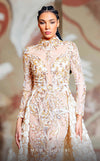 MNM Couture K4149 beige fitted gown with flared skirt and intricate bead embroidery | Couture Shop LA