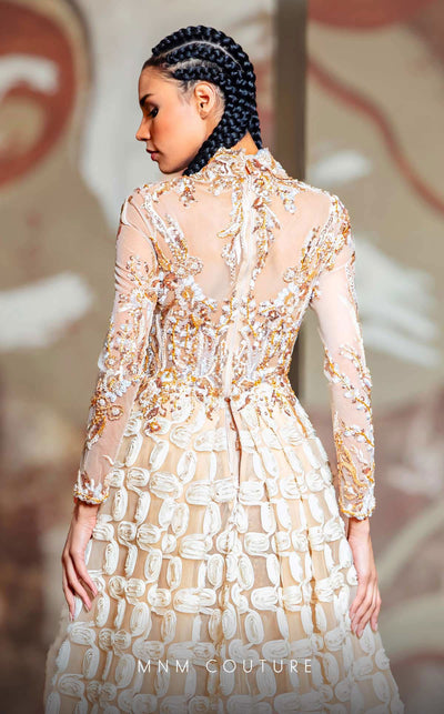 MNM Couture K4149 beige fitted gown with flared skirt and intricate bead embroidery | Couture Shop LA