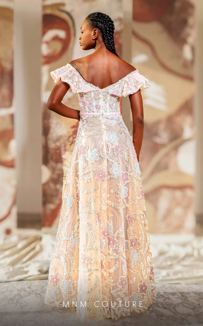 MNM Couture K4162 mesh A-line dress showcasing ruffle cap sleeves and elegant embellishments. | Couture Shop LA