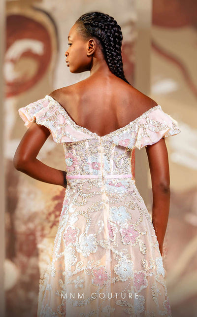 MNM Couture K4162 mesh A-line dress showcasing ruffle cap sleeves and elegant embellishments. | Couture Shop LA