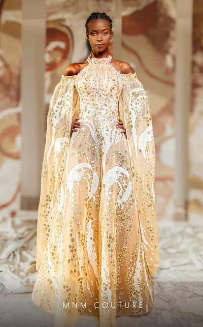 MNM Couture K4165 cold-shoulder A-line gown with lace embellishments, racer back, and cape sleeves. | Couture Shop LA