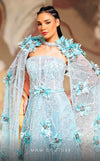 MNM Couture K4170 aqua mesh A-line gown with feathered brooches and rhinestone details | Couture Shop LA