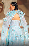 MNM Couture K4170 aqua mesh A-line gown with feathered brooches and rhinestone details | Couture Shop LA