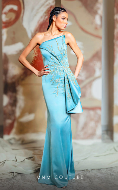 MNM Couture K4172 satin column dress showcasing elegant bead and sequin details with a long train. | Couture Shop LA