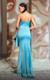 MNM Couture K4172 satin column dress showcasing elegant bead and sequin details with a long train. | Couture Shop LA
