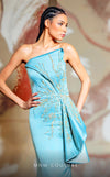 MNM Couture K4172 satin column dress showcasing elegant bead and sequin details with a long train. | Couture Shop LA
