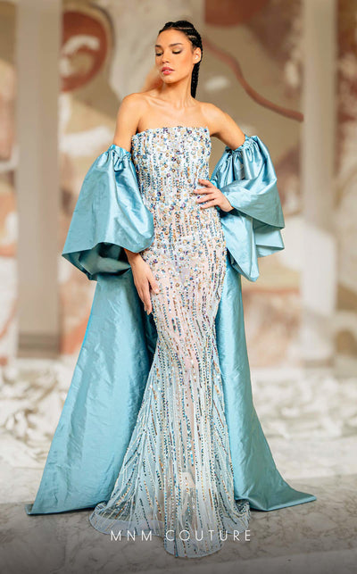 MNM Couture K4174A mesh column dress showcasing elegant embroidery and sequins with removable sleeve caps. | Couture Shop LA