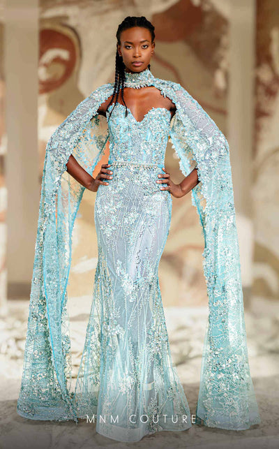 MNM Couture K4178 light blue mesh semi-flared gown with rhinestone cape sleeves and sweetheart neckline | Couture Shop LA