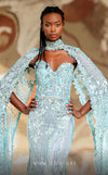 MNM Couture K4178 light blue mesh semi-flared gown with rhinestone cape sleeves and sweetheart neckline | Couture Shop LA