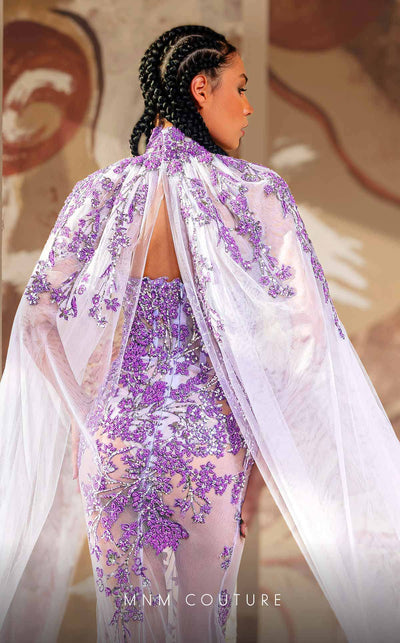 MNM Couture K4179 long fitted dress featuring elegant embroidery, beads, sequins, and a dramatic mesh cape. | Couture Shop LA