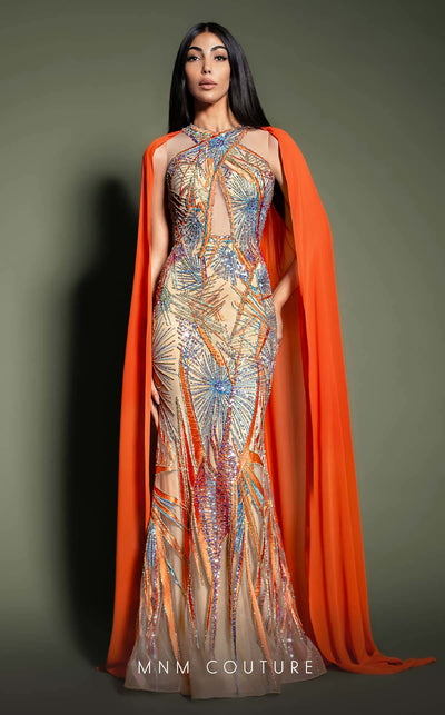 MNM Couture K4186 mermaid dress showcasing exquisite embroidery, beads, and sequins with a graceful cape. | Couture Shop LA
