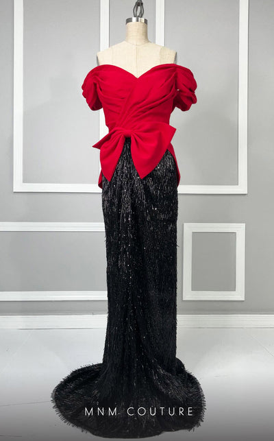 MNM Couture K4203 column dress featuring cap ruffle sleeves, a sweetheart neckline, and exquisite embellishments with a dramatic train. | Couture Shop LA