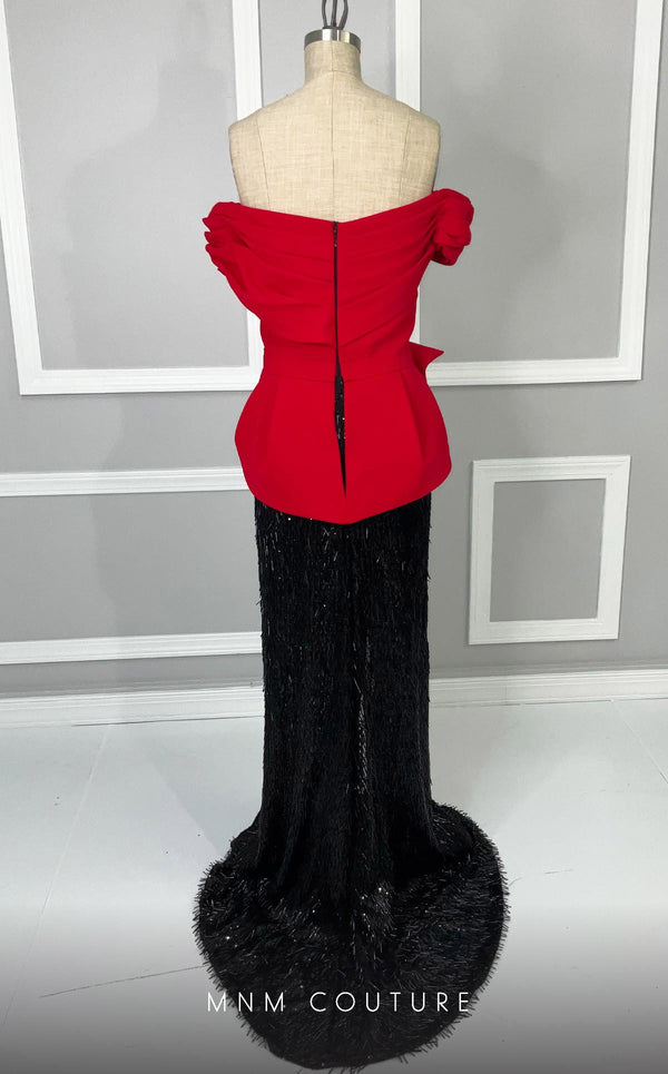 MNM Couture K4203 column dress featuring cap ruffle sleeves, a sweetheart neckline, and exquisite embellishments with a dramatic train. | Couture Shop LA