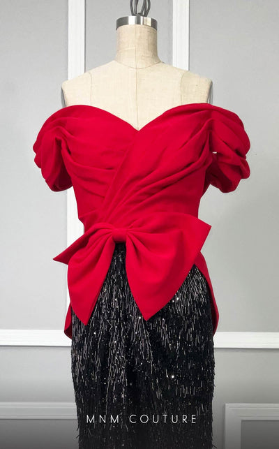 MNM Couture K4203 column dress featuring cap ruffle sleeves, a sweetheart neckline, and exquisite embellishments with a dramatic train. | Couture Shop LA