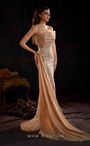 MNM Couture K4206 beige column dress with pleated bust, floral accents, and a sweep tail design. | Couture Shop LA