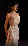 MNM Couture K4206 beige column dress with pleated bust, floral accents, and a sweep tail design. | Couture Shop LA