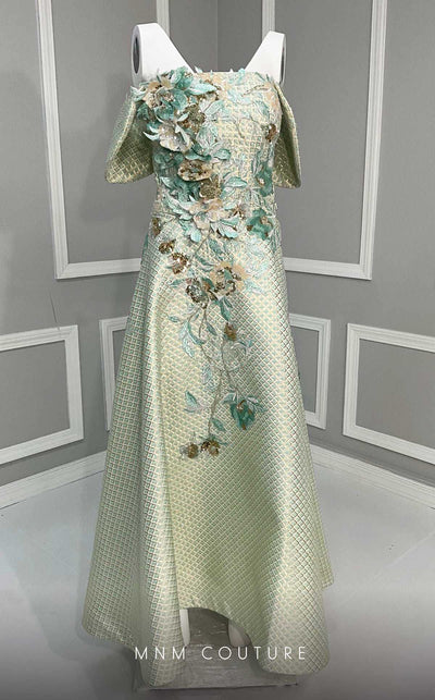 MNM Couture K4217 tea-length dress featuring cap sleeves and beautiful embroidery with sequins and fabric flowers. | Couture Shop LA