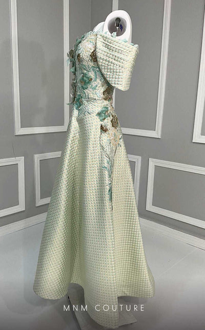 MNM Couture K4217 tea-length dress featuring cap sleeves and beautiful embroidery with sequins and fabric flowers. | Couture Shop LA