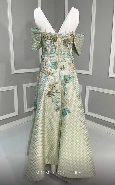 MNM Couture K4217 tea-length dress featuring cap sleeves and beautiful embroidery with sequins and fabric flowers. | Couture Shop LA