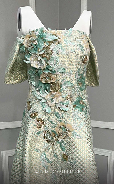 MNM Couture K4217 tea-length dress featuring cap sleeves and beautiful embroidery with sequins and fabric flowers. | Couture Shop LA
