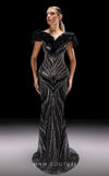 MNM Couture K4218 black mesh embroidered gown with organza ruffle and semi-trumpet silhouette | Couture Shop LA