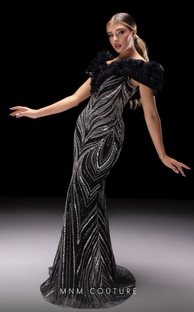 MNM Couture K4218 black mesh embroidered gown with organza ruffle and semi-trumpet silhouette | Couture Shop LA