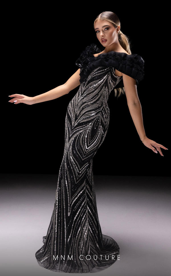 MNM Couture K4218 black mesh embroidered gown with organza ruffle and semi-trumpet silhouette | Couture Shop LA