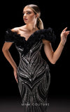 MNM Couture K4218 black mesh embroidered gown with organza ruffle and semi-trumpet silhouette | Couture Shop LA