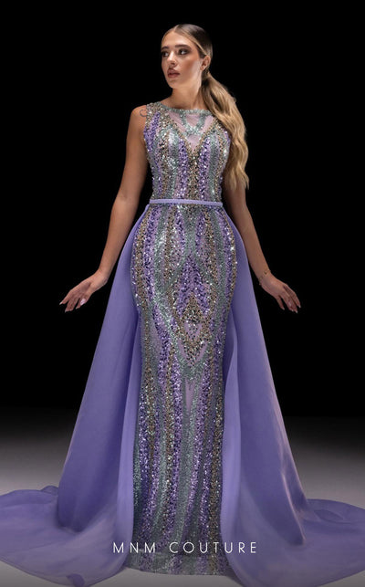 MNM Couture K4220 lila mesh embroidered column gown with dramatic train and back skirt | Couture Shop LA