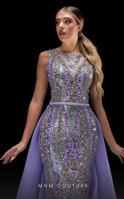 MNM Couture K4220 lila mesh embroidered column gown with dramatic train and back skirt | Couture Shop LA