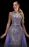 MNM Couture K4220 lila mesh embroidered column gown with dramatic train and back skirt | Couture Shop LA