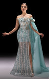 MNM Couture K4221 aqua mesh embroidered trumpet gown with cape sleeve and 3D flower accents | Couture Shop LA