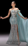 MNM Couture K4221 aqua mesh embroidered trumpet gown with cape sleeve and 3D flower accents | Couture Shop LA