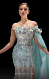 MNM Couture K4221 aqua mesh embroidered trumpet gown with cape sleeve and 3D flower accents | Couture Shop LA