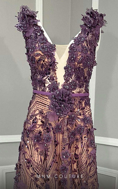 MNM Couture K4222 purple gown with strap sleeves, floral embellishments, and beads detailing. | Couture Shop LA