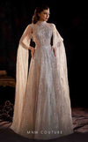 MNM Couture K4223 grey mesh ball gown with cape sleeves and exquisite embellishments | Couture Shop LA