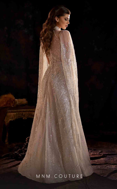 MNM Couture K4223 grey mesh ball gown with cape sleeves and exquisite embellishments | Couture Shop LA