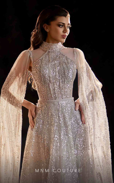 MNM Couture K4223 grey mesh ball gown with cape sleeves and exquisite embellishments | Couture Shop LA