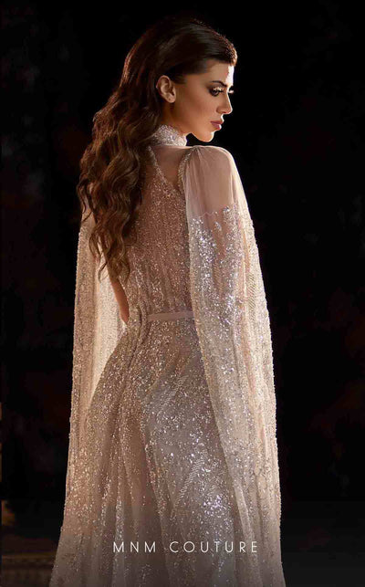 MNM Couture K4223 grey mesh ball gown with cape sleeves and exquisite embellishments | Couture Shop LA